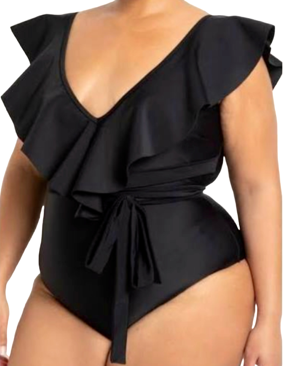 NEW ELOQUII BLACK DRAMA RUFFLE SHOULDER WITH BELT ONE PIECE SWIMSUIT SIZE 18